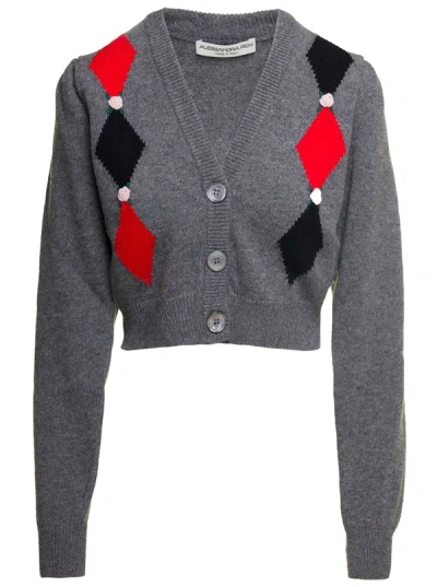 ALESSANDRA RICH GREY CARDIGAN WITH 'DIAMOND' MOTIF AND EMBROIDERED ROSE DETAIL IN WOOL WOMAN