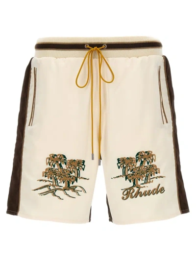 Rhude Straight-leg Logo-embroidered Striped Satin Shorts In Neutrals