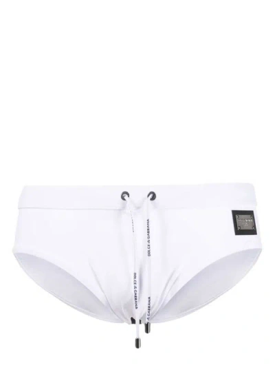 DOLCE & GABBANA WHITE SWIM BRIEFS WITH BRANDED DRAWSTRING AND LOGO TAG IN STRETCH POLYAMIDE MAN