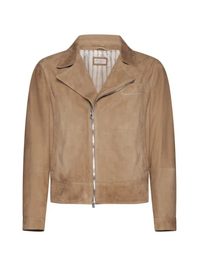 Brunello Cucinelli Suede Biker Jacket In Brown