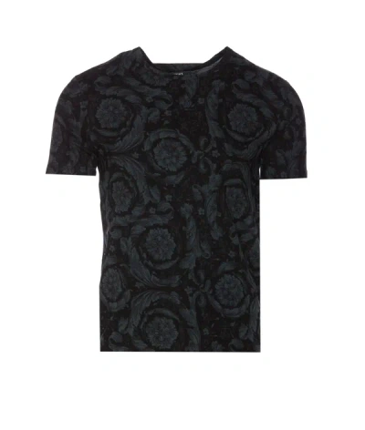 Versace Floral Crew Neck T-shirt With Short Sleeves In Black