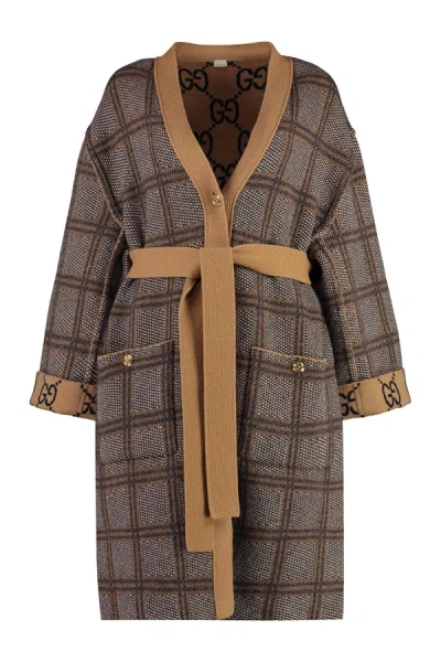 Gucci Reversible Checked Wool Cardigan In Camel