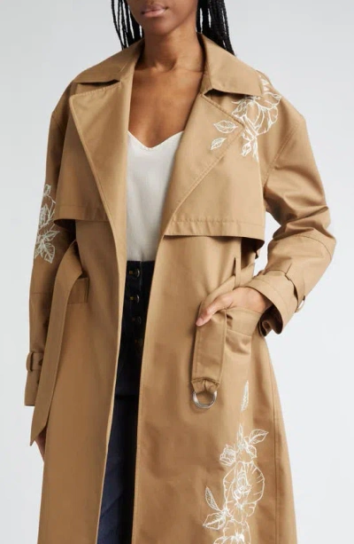 Cinq À Sept Cinq A Sept Astrid Floral Embroidered Trench Coat In Khaki/silver