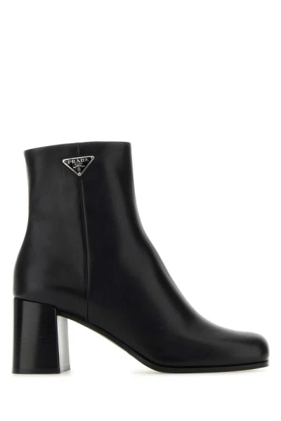 Prada Black Leather Ankle Boots With Logo Triangle