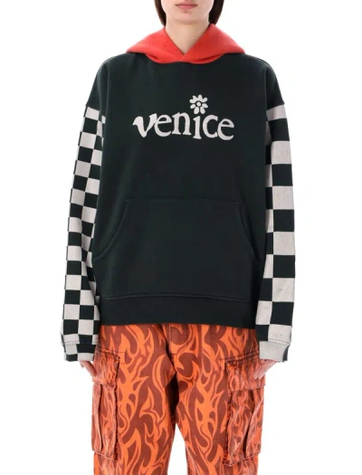 Erl Venice Checked Sleeve Hooded Sweatshirt In Black