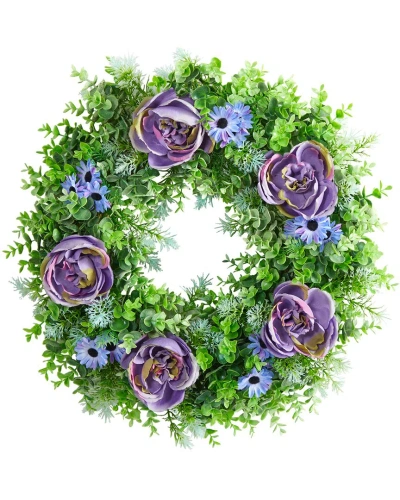 Nearly Natural Rose, Daisy And Greens Artificial Wreath, 22" In Purple