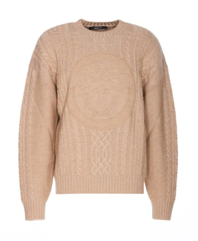 Versace Medusa Embroidery Wool Knit Sweater In Beige