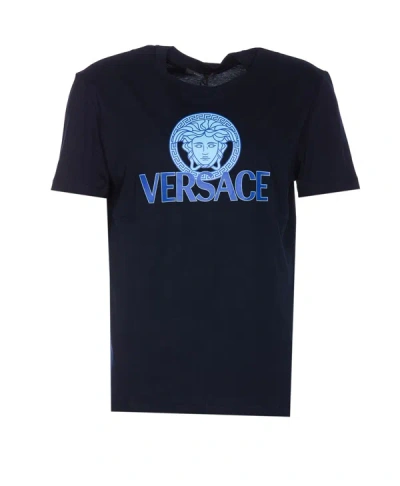 Versace Medusa棉质针织t恤 In Navy Blue