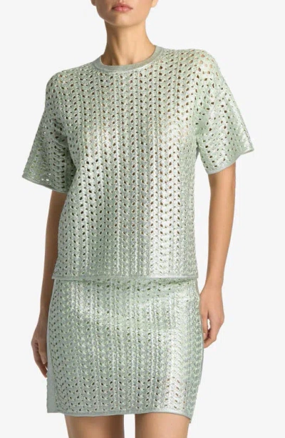 St John Metallic Lacquered Crochet Knit T-shirt In Pale Lime