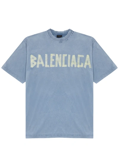 Balenciaga Oversized Distressed Logo-print Cotton-jersey T-shirt In Blue