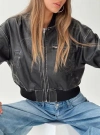 PRINCESS POLLY SWEET DISASTER FAUX LEATHER CROPPED BOMBER JACKET BLACK