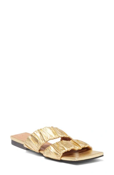 Ganni Gold-tone Smocked Double Strap Flat Sandals