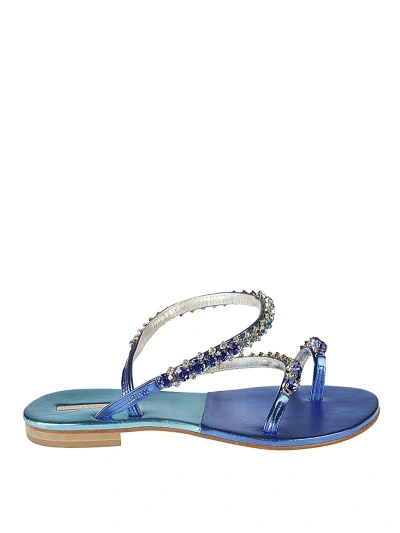 Emanuela Caruso Jewel Leather Thong Sandals In Blue