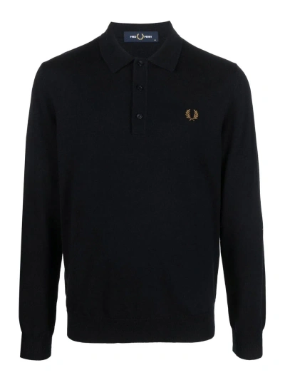 Fred Perry Logo Wool Blend Polo Shirt In Blue