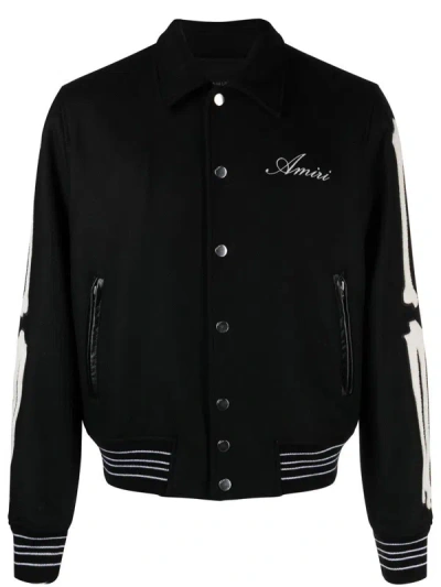 Amiri Black Varsity Jacket With Logo Embroidery And Striped Trim In Wool Man