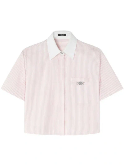 Versace Oxford Striped Crop Shirt In Pink
