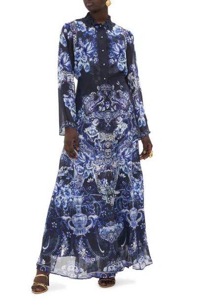 Camilla Delft Dynasty Chiffon Maxi Dress With Cutwork Lace Collar
