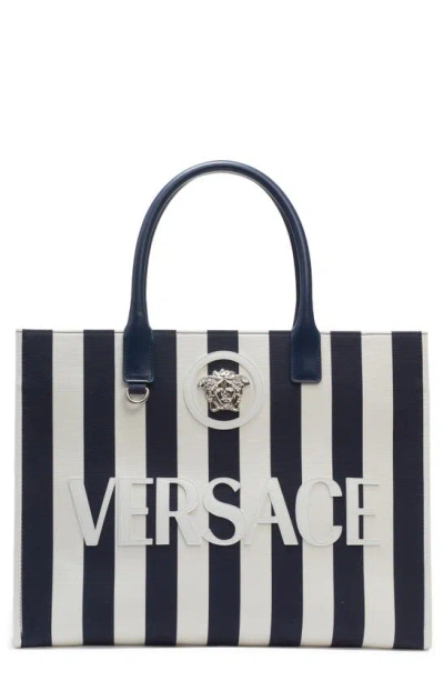 Versace La Medusa Striped Canvas Tote Bag In Navy White Pallad