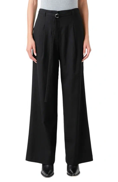 Grey Lab Pleated Belted Stretch Wide Leg Pants In Black