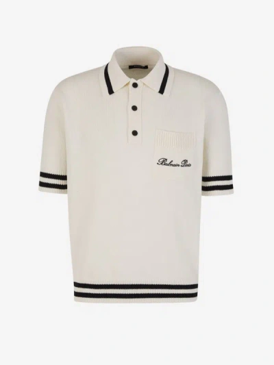 Balmain Logo Embroidered Knitted Polo Shirt In Ivori
