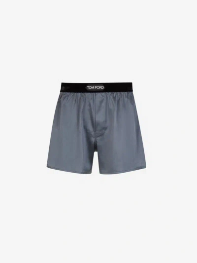 Tom Ford Velvet-trimmed Stretch-silk Satin Boxer Shorts In Gray