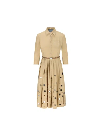 Prada Mirror Embellished Belted Midi Dress In Beige