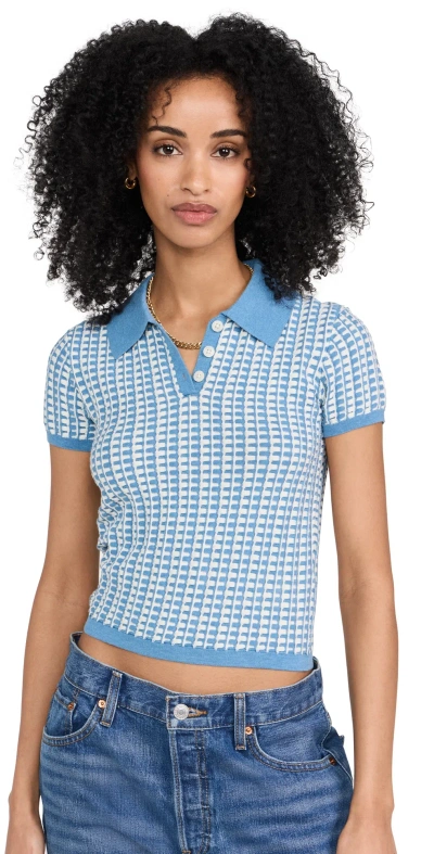 Guest In Residence Shrunken Gingham-pattern Cotton-knit Polo Shirt In Blue,cream