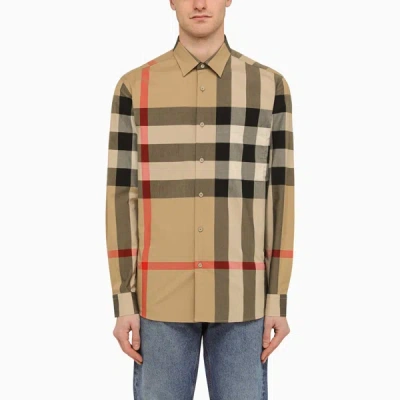 Burberry Check Print Stretch Cotton Shirt In Beige