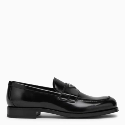 Prada Black Brushed Leather Loafers In White