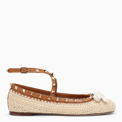 Valentino Garavani Rockstud Crochet Ankle-strap Ballerina Flats In Beige