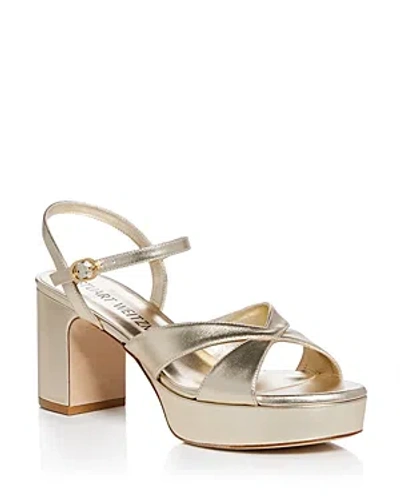 Stuart Weitzman Carmen Midi Metallic Crisscross Platform Sandals In Light Gold