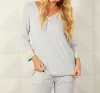 French Kyss Detail Button Neck Multi Color Sleeve Top In Silver In Silver
