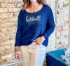 WOODEN SHIPS FOOTBALL EMBROIDERED CREW SWEATER IN BLUE/WHITE