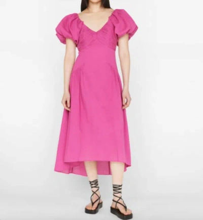Frame Puff Sleeve Cotton Midi Dress In Fuchsia