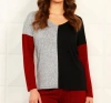 French Kyss Color Block Open V-neck Top In Black/wine In Multi
