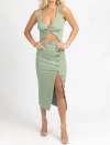 FORE FRONT CUTOUT BUTTON MIDI DRESS IN SAGE