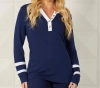 French Kyss Button Crew Neck With Stripe Sleeves Top In Ink In Blue