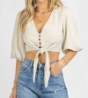 Fore Bell Sleeve Button Tie Blouse In Oatmeal In White