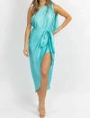 LUXXEL SATIN ONE SHOULDER WRAP DRESS IN TURQUOISE