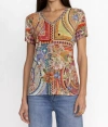 JOHNNY WAS JANIE FAVORITE SHORT SLEEVE V KNIT IN MOSAIC PRINT