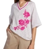 TRICOT CHIC V NECK LINEN KNIT TOP IN BEIGE WITH PINK