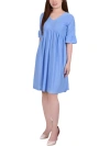 NY COLLECTION PETITES WOMENS TEXTURED V-NECK SHIFT DRESS