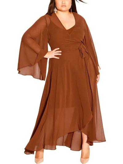 City Chic Plus Womens Chiffon V-neck Two Piece Dress In Brown