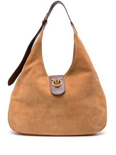 Pinko Big Hobo Bag In Suede And Leather In Brown - Lion-antique Gold