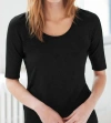 WHITE + WARREN ELBOW SLEEVE SCOOP NECK TOP IN BLACK