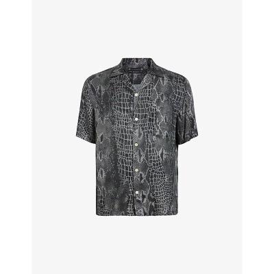 Allsaints Skrale Snake Print Relaxed Fit Shirt In Jet Black