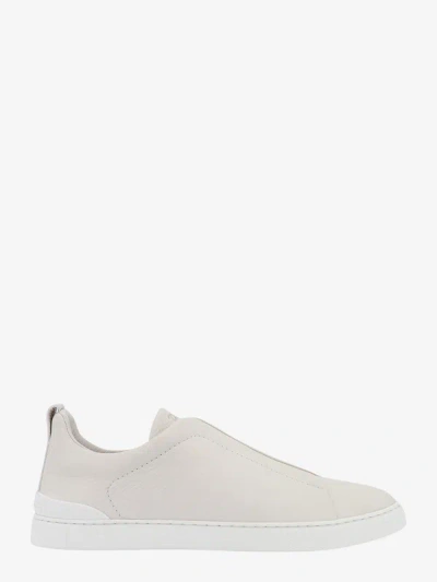Zegna Leather Triple Stitch Sneakers In Beige