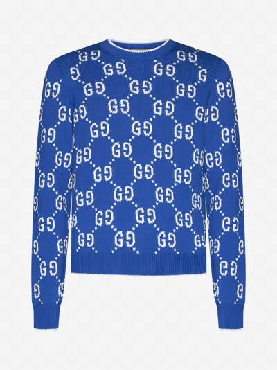 Gucci Gg Cotton Intarsia Jumper In Cobalt,ivory