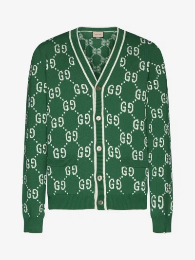 Gucci Gg Cotton Knit Cardigan In Green,ivory