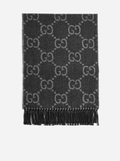 Gucci Gg Wool Scarf In Black,dark Grey